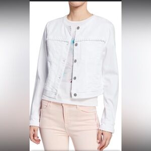 J Brand “Luna” collarless white denim jacket w ruffle trim